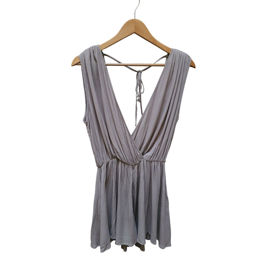 Zenana Grecian Romper In Soft Taupe With Deep V-Neck & Tie Back Detail Womens Si - Picture 2 of 6